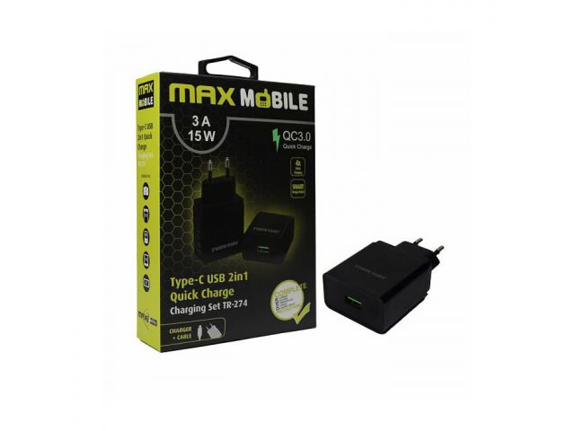 Kućni punjač MAXMOBILE 2u1, 15W, Q.C 3.0 ultra brzi USB, QUICK CHARGE+Type C, 3A, crni
