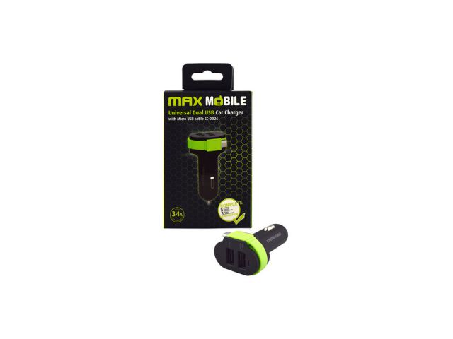 Auto punjač MAXMOBILE USB Dou CC-D026 3.4A + Micro USB, crno-zeleni