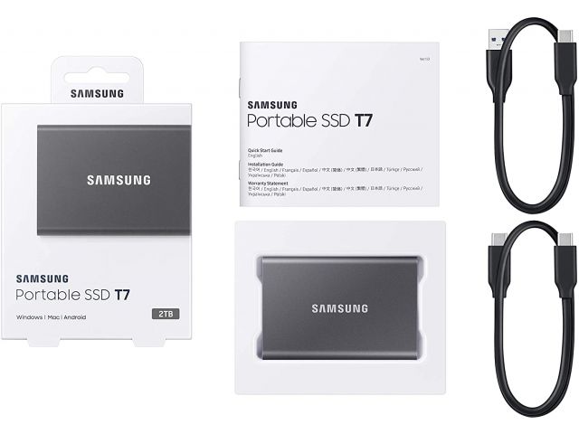 Eksterni SSD disk, 2 TB, SAMSUNG T7, USB 3.2 Gen2 (USB Type-C), sivi, MU-PC2T0T