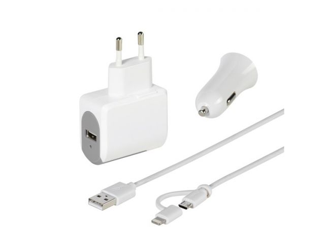 Auto punjač VIVANCO 36306, 2.4A USB + strujni punjač 2.4A USB + Micro-USB Kabel + Lightning Kabel, bijeli