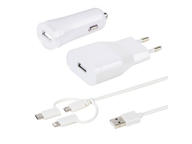 Auto punjač VIVANCO 36262, 2.4A USB + strujni punjač 2.4A USB + kombinirani Kabel Micro-USB, Type-C, Lightning, bijeli