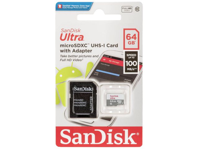 Memorijska kartica microSDXC 64 GB SANDISK Ultra, Class10 UHS-I, 100 MB/s + SD adapter (SDSQUNR-064G-GN3MA)