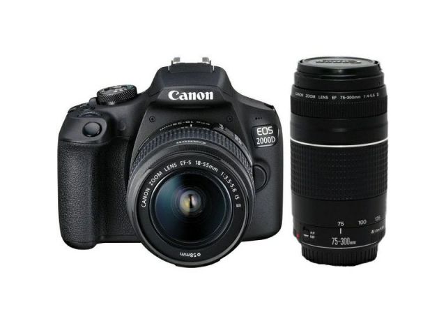 Fotoaparat CANON EOS 2000D + 18-55mm IS + EF 75-300mm, SLR, crni