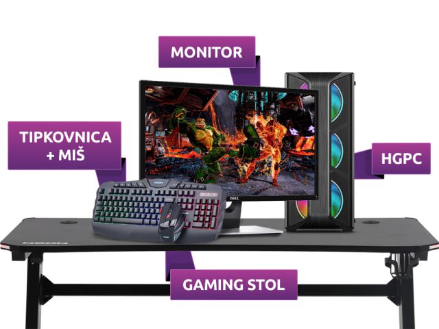 Računalni sistem HGPC Gamer 101F2, Intel Core i3 10100F, 16 GB, GTX1650, SSD 500 GB NVMe, FreeDOS (101F16516S5ND) + gaming monitor DELL SE2417HGX + tipk + miš + gaming stol