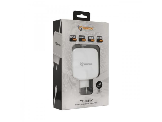 Punjač za prijenosno računalo SBOX TC-65W, 65W, USB-C, bijeli