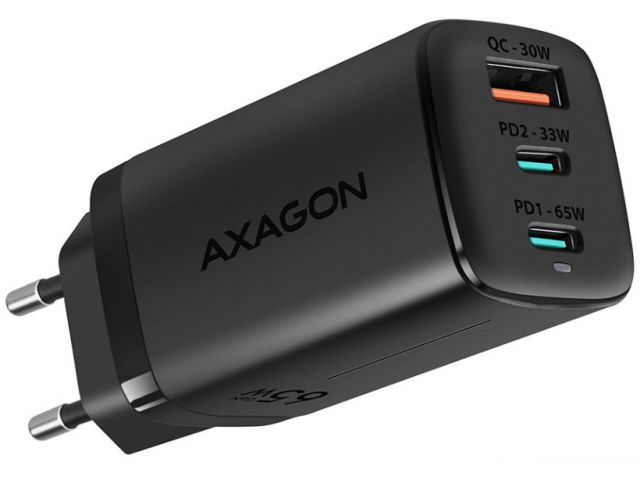 Kućni punjač AXAGON ACU-DPQ65, 1x USB + 2x USB Type-C PD, 30/33/65W, crni