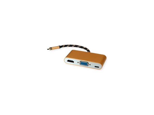 Adapter ROLINE GOLD, USB-C - VGA/HDMI + 1×Type C (PD), M/F, 0.1m
