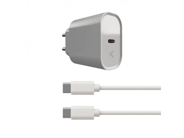 Zidni punjač KSIX, USB-C 20W PD + USB-C na USB-C kabel, bijeli