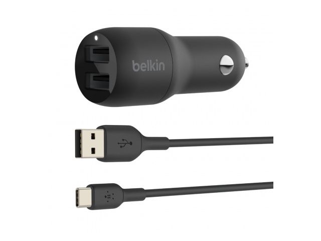 Auto punjač BELKIN, brzo punjenje, Dual USB-A, 24W, Type C – USB A 1m kabel, crni
