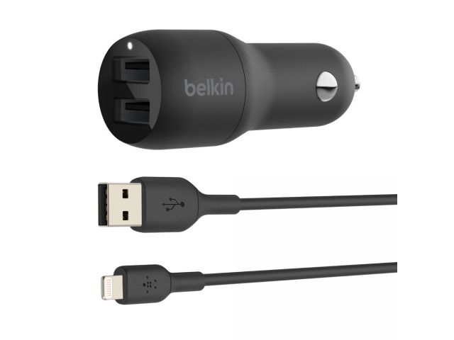 Auto punjač BELKIN Car Charger BOOST_CHARGEa Dual USB-A (24W) + USB-A na Lightning Cable, crni
