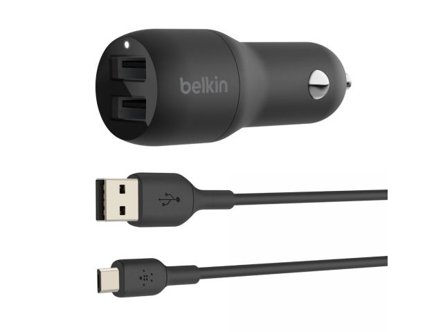 Auto punjač BELKIN Car Charger BOOST_CHARGEa Dual USB-A (24W) + USB-A na Micro-USB Cable, crni