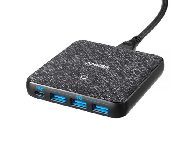 Kućni punjač ANKER PowerPort Atom III Slim, 65W, brzi punjač, 3×USB-A, 1×Type-C, PowerIQ 3.0, sivi
