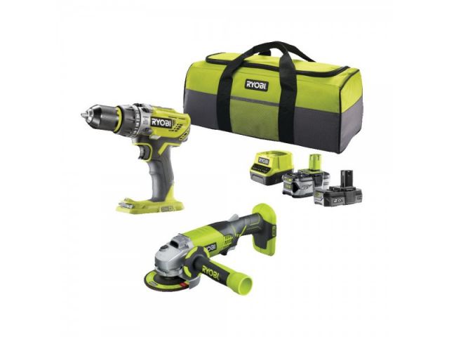 Set alata RYOBI R18PDAG-242S, Bušilica-odvijač R18PD3 + Brusilica R18AG + 2Ah baterija + 4Ah baterija + punjač