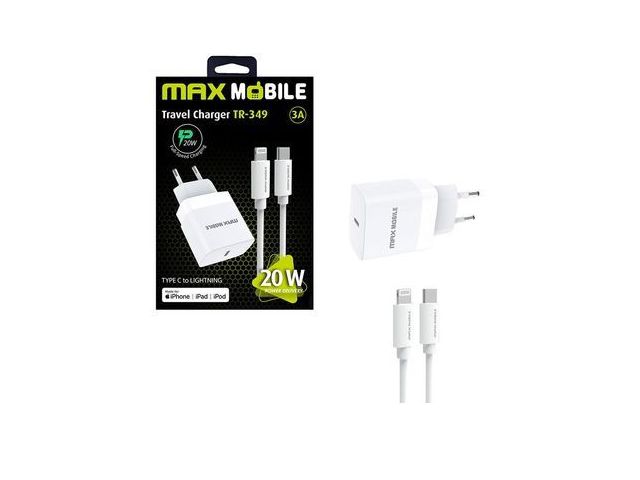 Kućni punjač MAXMOBILE TR349, USB-C, QC 3.0, 20W, 3A + Kabel USB-C(m) na Lightning(m), 1m, bijeli